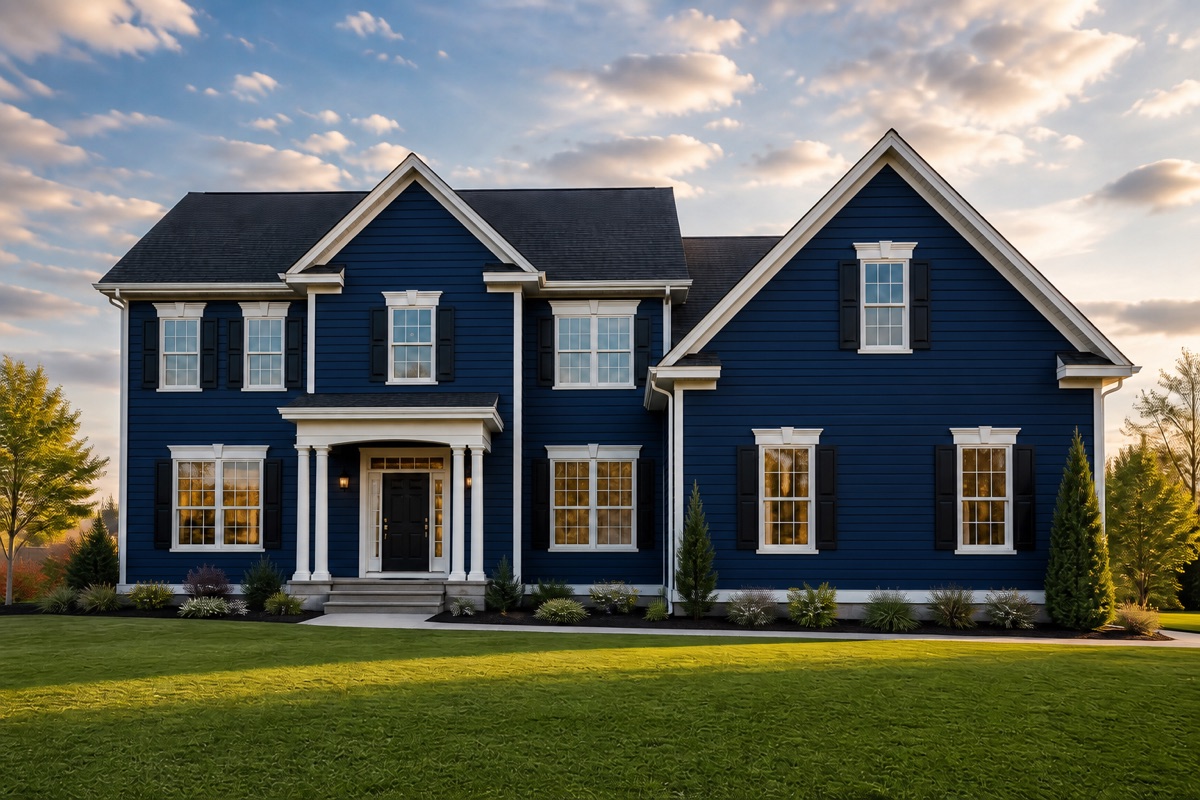 The same house after a navy PaintSwipe color preview